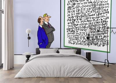 business cartoon showing two men looking at a complex graphic, one says, 'here's that quiet little p Wall mural