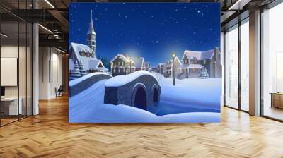 Christmas town background 2. Small town with river,  Church, houses decorated with festive lights. Wall mural