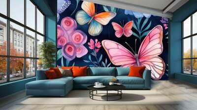 butterflies flowers blue background pink design princess world forest Wall mural