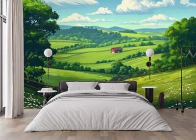 cartoon illustration green field fence red barn view zoomed out sunny weather avatar Wall mural