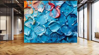 closeup blue orange paint oil greenish tones turbulent floating pieces Wall mural