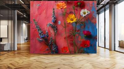 different colored flowers vase red blue background wall cosmos magazine destroyed nature long brush strokes color Wall mural