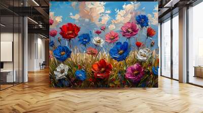 field flowers blue sky background red color depicting flower thick brush strokes splashing deep visible Wall mural