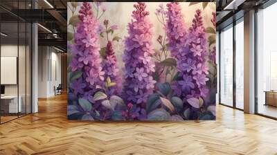 field purple flowers green leaves plants blue delphinium fructose magazine hidden animals heaven pink Wall mural