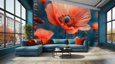 large orange flower middle field transparent poppy soft blue pink tints red gardens gradient filter poppies light inside bloomy Wall mural