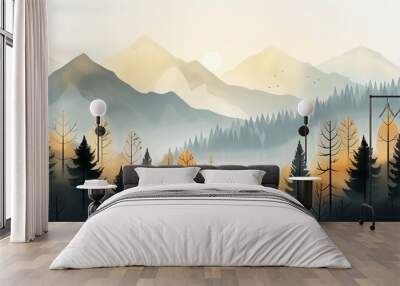 mountain trees birds simple flat design foggy sunset radiant young falling leaves grey Wall mural