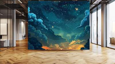 night sky stars clouds forest illustration sun space street outside window orange amazingly visuals lots evening dusk ocean sprites Wall mural