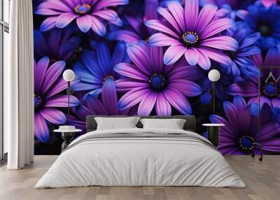 purple blue flowers field ratio young clear background daisy bloomed petals falling magenta exploding spraying Wall mural