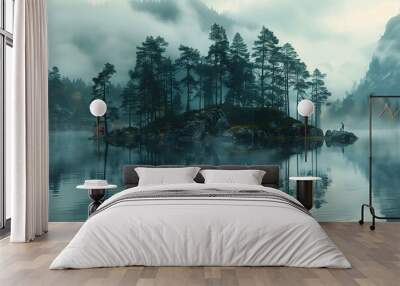 small island middle lake surrounded trees scandinavia details calming grainy nostalgic solitary Wall mural