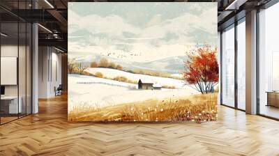 snowy landscape barn middle favorite illustration seasons emotion red white representing graphic novel serene environment pale first snow winter autumn field Wall mural