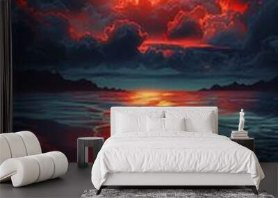 sunset ocean red sky clouds awesome ultra blue black light gigantic sun intense endless night stunningly matte oil high Wall mural