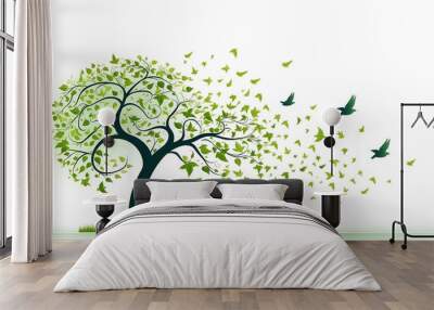 tree green leaves blowing wind birds flying away explosion digital grey background concept debris spread butterflies flight arbor connections great migration scattered clip young remembrance Wall mural