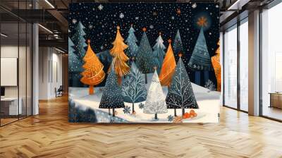 trees standing snow princess orange gradient festive siberia cute blue silver black local illumination warmly lit Wall mural