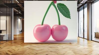 two cherries green stem leaf top hot pink fetish cherry trees one surrealism aesthetics high octane solid works Wall mural