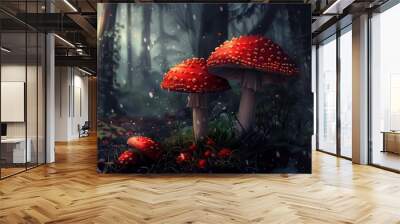 two mushrooms standing grass trend red cap enchanted magical forest peyote base wonderland rainy environment items Wall mural