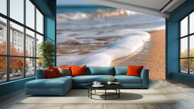 view beach wave coming foamy bubbles horizon line focus standing shallow river summer morning Wall mural