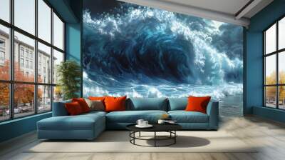 view large wave breaking beach purely out deep pencil drawing problem evil medium blue negative energy unity mood painted bright color Wall mural