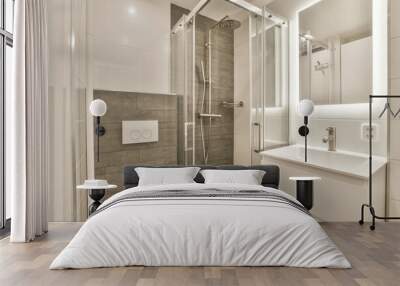 a bathroom with a white sink and toilet in the corner, next to a walk - in shower stall door Wall mural