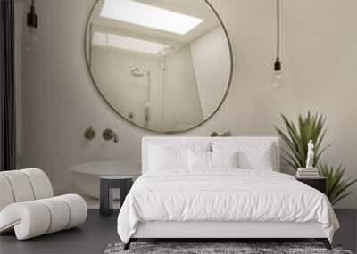 a bathroom with two sinks and a plant in the middle one sink is next to the mirror on the wall Wall mural