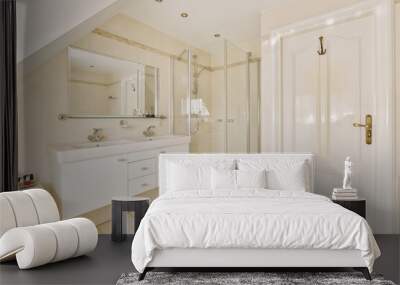 a bathroom with white tile flooring and an open door leading to the shower area in the room is very clean Wall mural