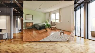 a bedroom with two beds and a table in the corner next to an open door that leads to another room Wall mural