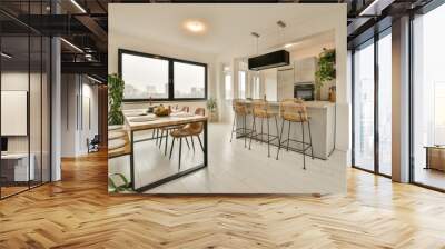 a kitchen and dining area in a modern apartment with white tiles on the floor, large windows overlooking the city Wall mural