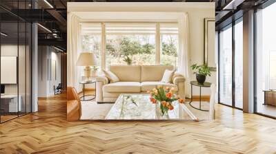 a living room with two couches and a glass coffee table in front of the sofa is surrounded by white curtains Wall mural