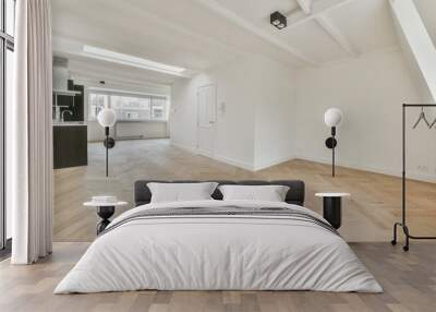 Interior of empty white kitchen with windows and wooden parquet floor Wall mural