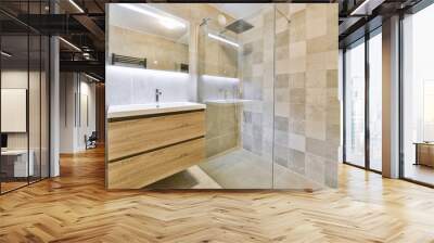 Sinks with mirrors and shower box with glass door in modern bathroom with white tiled walls Wall mural