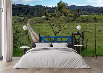 Blue farm gate with dirt road and trees in countryside of Sao Paulo state, Brazil Wall mural