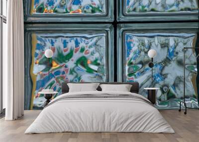 Glass block wall closeup for background. Color abstraction in brick glass wall Wall mural