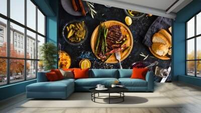 BBQ Beef steak with pickled veggies, cucumber, cabbage, beeroot, marinated pepper. Dinner party. Wall mural