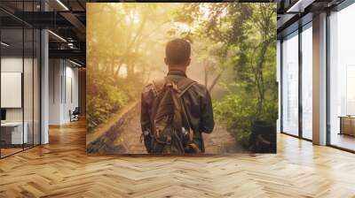 Man walking in forest with mist nature background, Travel Lifest Wall mural