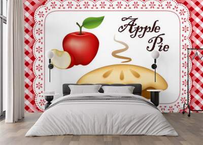 Apple Pie, white eyelet lace doily place mat, red gingham check background, crispy crust steaming with fresh fruit.  Wall mural