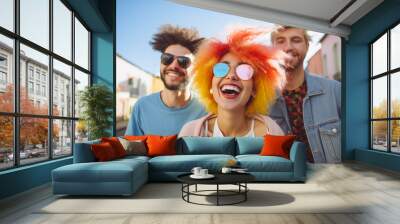 Cheerful friends with colorful hairstyles and sunglasses enjoying a sunny day outdoors Wall mural