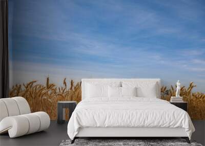 Lush wheat crop field under vibrant blue sky in summer time Wall mural