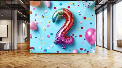 birthday balloon in the shape of the number 2 with confetti Wall mural