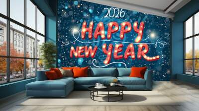 blue and red happy new year 2026 greeting card with bokeh lights Wall mural