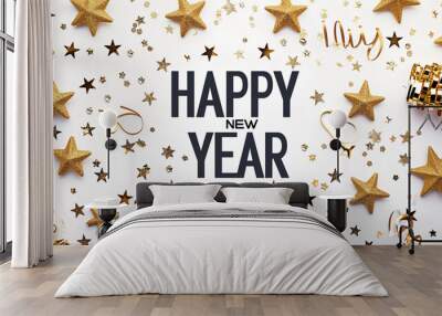 happy new year greeting card with gold stars and confetti on white background Wall mural