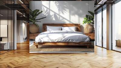 rustic wooden bed against empty white wall modern bedroom interior design concept Wall mural