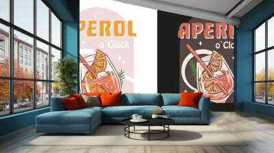 Aperol cocktail vector with ice and slice of orange for cocktail bar or drink summer party. Aperol spritz or alcohol cocktail with gin for tee print of beach bar and cafe menu Wall mural