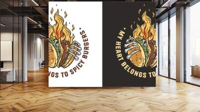 Burning burger in skeleton hands. American fast food or USA food with bones and burger in fire with meat, cheese and vegetable for logo or poster Wall mural