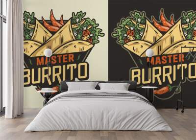 Burrito mexican food with meat and vegetable for logo or emblem. Traditional burritos latin fast food with tortilla, leaves lettuce, cheese, tomato, forcemeat, sauce Wall mural