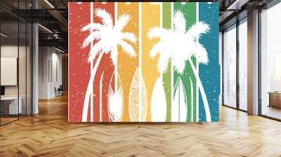 Colored surfing print of two summer hawaii beach palm tree and surfingboard. Vector illustration of summer t-shirt design Wall mural