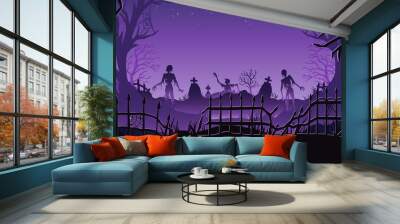 Halloween background with zombie and walking dead, cemetery fence for holiday poster. Creepy and mystical background with cross, grave, tombstone and dead man for dark fear october design Wall mural