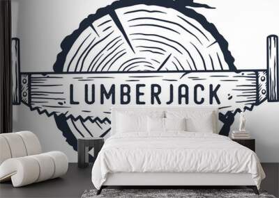 Lumberjack wood log with rings and saw for logo and emblem of carpenter. Timber or lumber with hacksawfor t-shirts print design of axeman, woodsman Wall mural