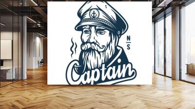 Marine sailor captain with smoking pipe. Nautical wanderlust sea adventure illustration of skipper Wall mural