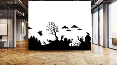 Seamless halloween silhouette panorama for background. Halloween seamless background showing creepy landscape with haunted castle, zombies and bats flying Wall mural