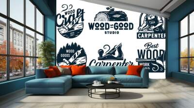 Set of emblems with equipment for wood workshop or joiner craft studio. Carpenter tool for repair, professional carpentry work Wall mural