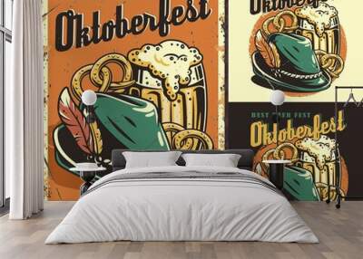 Set of poster, t-shirt colored print with beer pretzels and bavarian hat with a feather for oktoberfest Wall mural